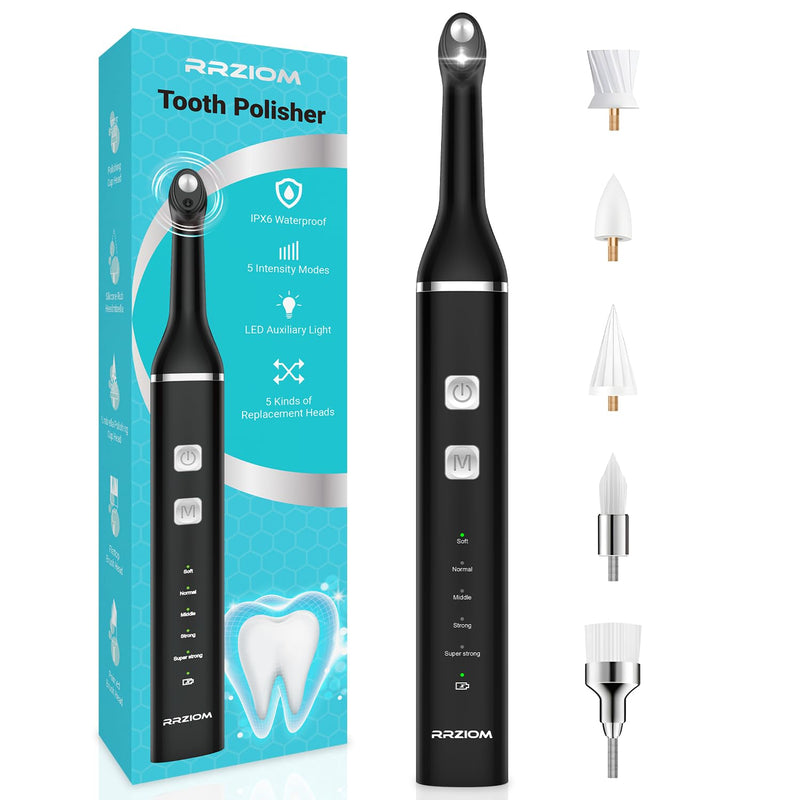 [Australia - AusPower] - Tooth Polisher, RRZIOM Rechargeable Teeth Polisher for Teeth Whitening and Cleaning Kit, Waterproof Tooth Polish Dental Tools with LED Light, 5 Brush Heads, 5 Speed Modes, Tooth Polishing Kit Black-1 
