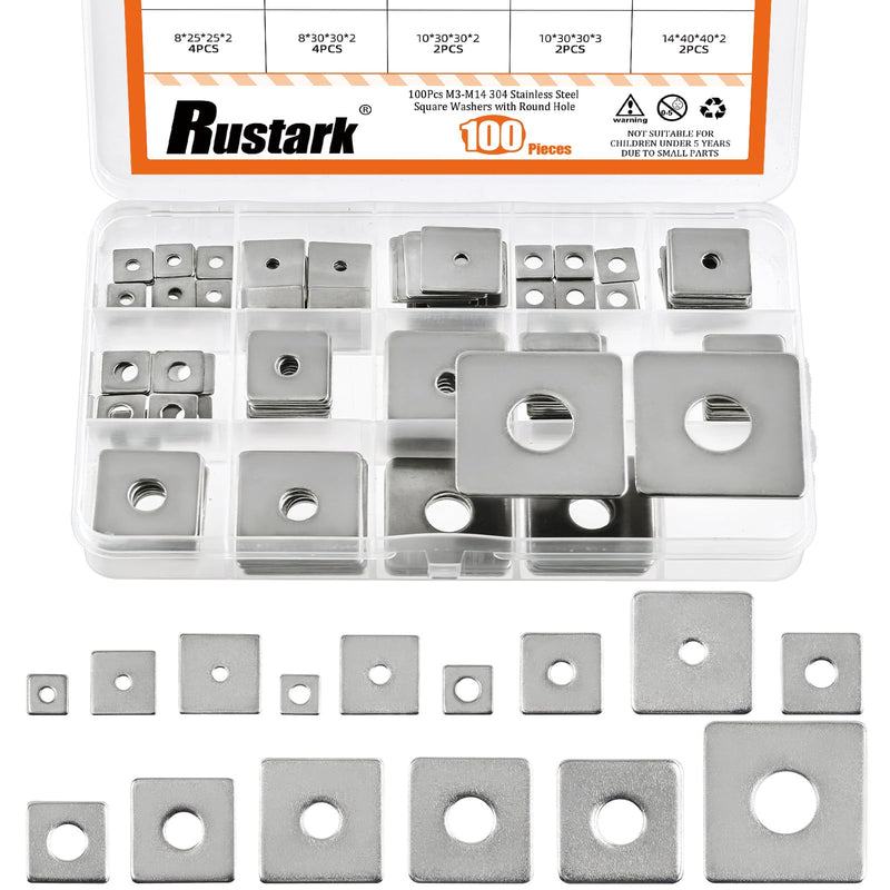 [Australia - AusPower] - 100Pcs 15 Sizes M3-M14 304 Stainless Steel Square Plate Washers Assortment Kit Square Bearing Plate Washer Square Washer Flat Washer Fastener for Construction and Industrial Equipment assorted sizes 