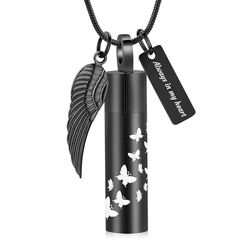 zeqingjw Cremation Jewelry Butterfly Cylinder Urn Necklace for Ashes Stainless Steel Urn Keepsake Ash Holder Funeral Memorial Pendant of Loved Ones Black