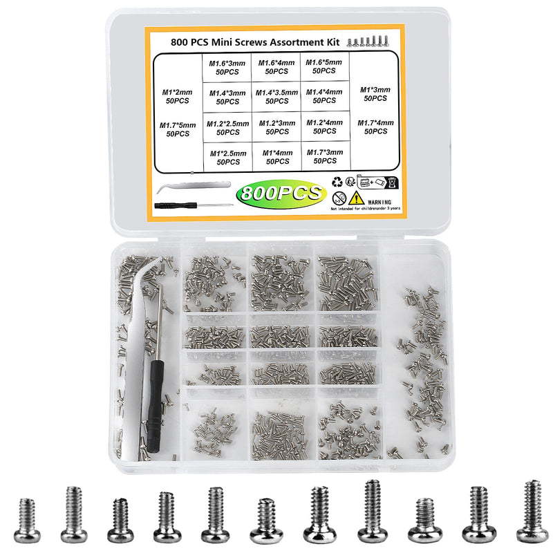 [Australia - AusPower] - Tiny Screws for Electronics, 800 pcs Mini Micro Small Phillips Pan Head Machine Screws Assortment Kit for Electronic Repair, Nickel-Plated Carbon Steel, M1/M1.2/M1.4/M1.6/M1.7 