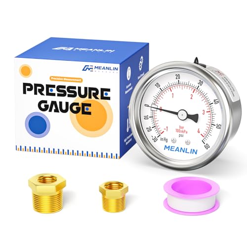 MEANLIN MEASURE stainless steel vacuum pressure gauge with 2-inch dial and 1/4-inch NPT back mount fitting
