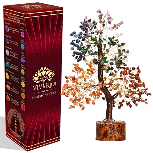 Seven Chakra Tree of Life – Handcrafted Healing Crystal Gemstone for Spiritual Balance, Good Luck, Wealth & Prosperity - Feng Shui Gift for Men Women Friends & Housewarming Office Home Decor 7 Chakra Wooden Base Golden Wire
