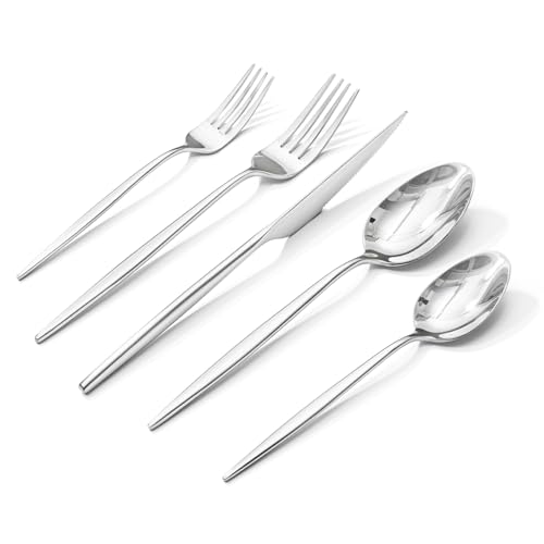 Kingstone 20-piece stainless steel silverware set for 4, includes forks, knives, spoons, and teaspoons in a sleek flatware design.