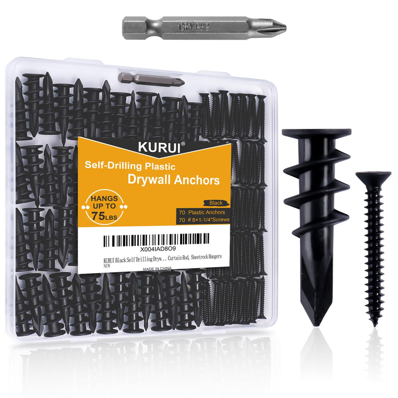 [Australia - AusPower] - KURUI Black Self Drilling Drywall Anchors, 140PCs #8 Dry Wall Anchors and Flat Head Screws Kit, 70 Anchors + 70 Screws, 75LB Heavy Duty Hanging for Picture Frames Wall Decor Art, Sheetrock Hangers 
