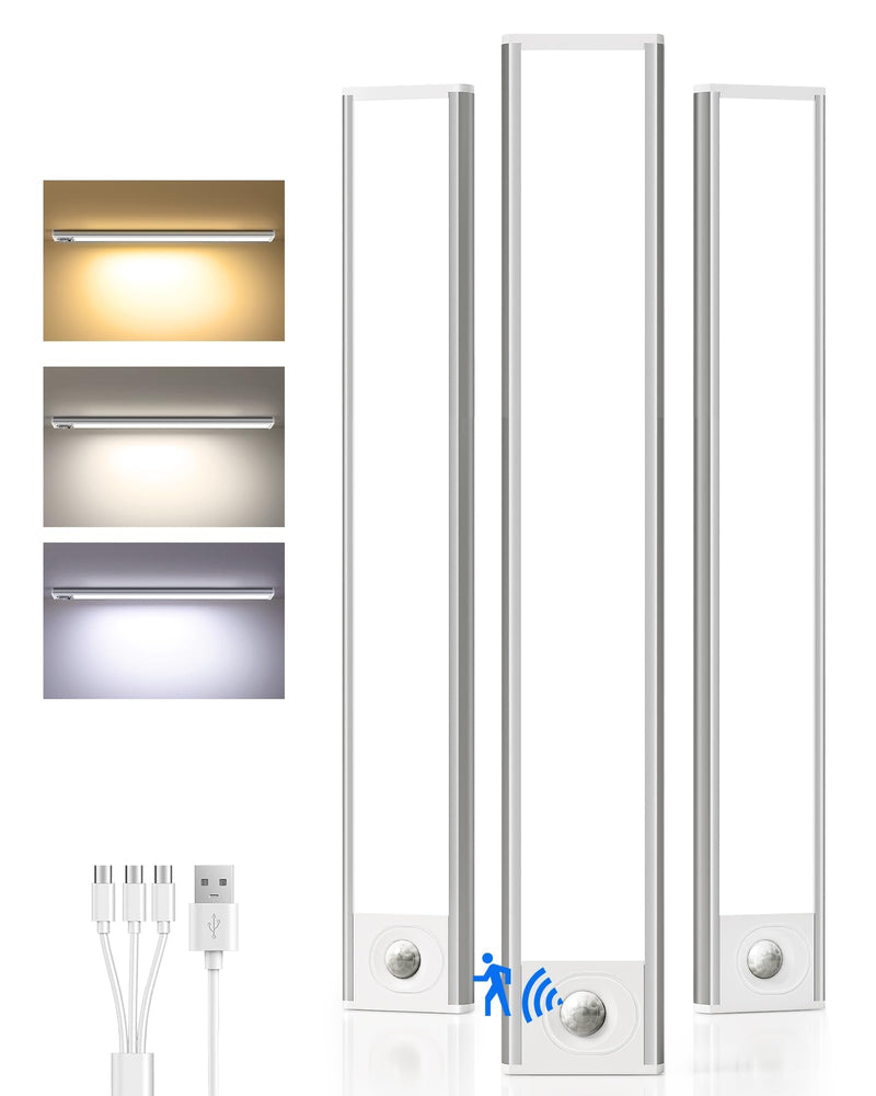 [Australia - AusPower] - Under Cabinet Lighting Wireless,Rechargeable Battery Motion Sensor Light Indoor,LED Closet Lights USB Charging,3 Color Dimmable Under Cabinet Lights for Kitchen, Cabinet, Wardrobe (3 Pcs) 16inch 3 