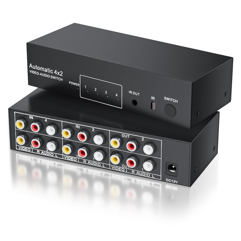 BolAAzuL RCA Switch Splitter 4 in 2 Out - Composite Video L/R Audio Selector Box 4X2, 4-Way RCA Switcher - 4 Port AV Splitter Selector Switch - for Wii PS2 Xbox DVD STB HDTV