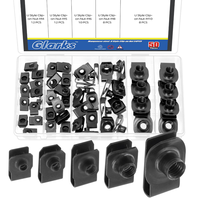 [Australia - AusPower] - Glarks 50pcs M4 M5 M6 M8 M10 U-Style Clip-On Nuts Set, Black Carbon Steel Thread Clip Nut, U Nuts Clamp Set, U-Shaped Nut, Automotive U-Clips for Engine, Fender, Bumper, Dash, Interior Trim Panels 
