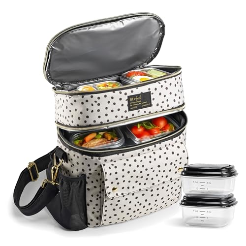 Fit & Fresh Westminster Dual Compartment Insulated Lunch Bag w/Containers Standard Taupe and Black Dot