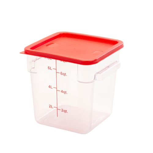 FSE Square Food Storage Container with Red Lid, 8 Quart, Polycarbonate, Reusable, Clear, NSF 8 Qt. Container w/Lid