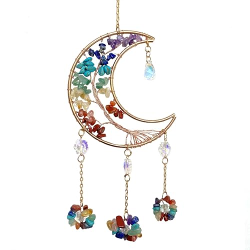 Colorful Crystal Moon Suncatcher for Window 7 Chakra Hanging Tree of Life φ 1.77 inch-Colorful Moon Suncatcher