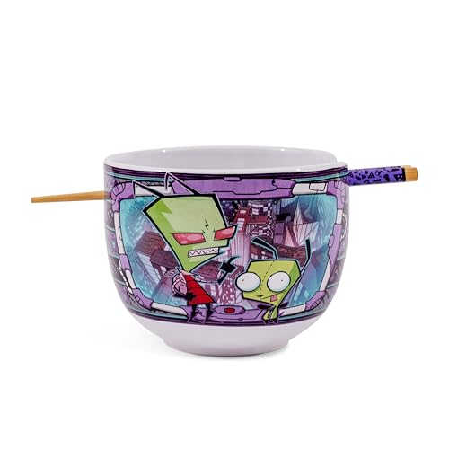 Silver Buffalo Invader Zim and GIR Ceramic Ramen Dinnerware Set | Includes 20-Ounce Noodle Bowl and Wooden Chopsticks