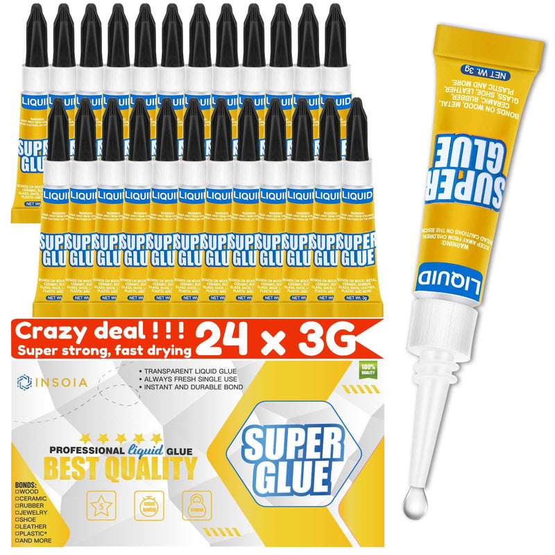 [Australia - AusPower] - Super Glue Liquid Clear, 24 X 3g All Purpose Strong Adhesive Ca Glue Cyanoacrylate Quick Dry Instant Glue for Plastic, Metal, Ceramic, Shoe, Wood, Leather, Model, Rhinestone, Jewelry and DIY Crafts 