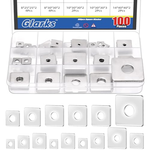 Glarks 100-piece 304 stainless steel square washer assortment with round holes in multiple metric sizes