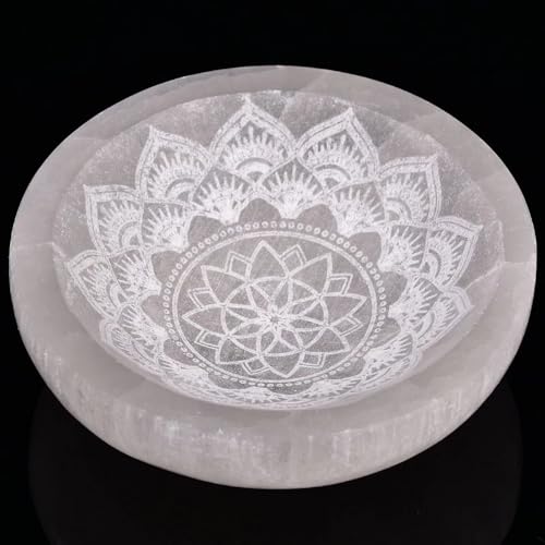 AMOYSTONE Natural Selenite Charging Bowl with Mandala Engraving 5.5'' Energy Cleansing Crystal Plate for Healing Meditation and Spiritual Home Decor Round Mandala A 5.5 inches