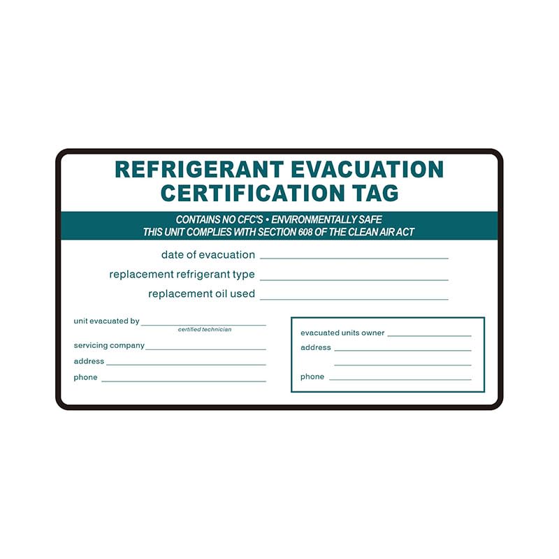 Refrigerant Evacuation Certification Tag Refrigeration ID Labels Stickers identifier 20 Pack