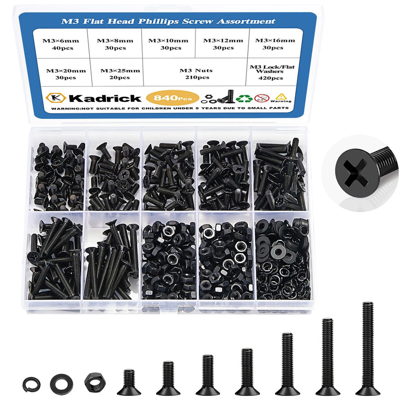[Australia - AusPower] - KADRICK 840Pcs M3 Countersunk Screws,M3 Flat Head Screws,Phillips Bolts Nuts Washers Assortment Kit,Lenth of 6MM/8MM/10MM/12MM/16MM/20MM/25MM 