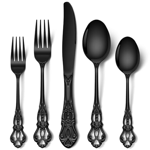Stapava 20 Pcs Black Silverware Set, Gorgeous Retro Royal Silverware Set for 4, Stainless Steel Mirror Flatware Cutlery Set, Include Forks Spoons and Knives Set, Dishwasher Safe Utensils Retro Royal Black