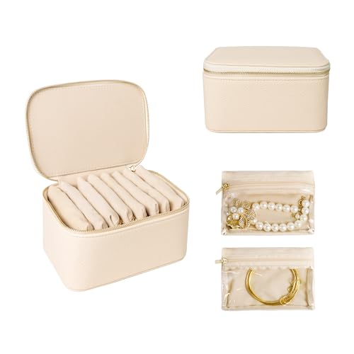Travel Jewelry Case, Small Travel Jewelry Box with 8 Velvet Jewelry Bag Mini Pouch, Portable Travel Jewelry Organizer for Rings Earrings Necklaces (Beige 8 Pcs) Beige 8 Pcs