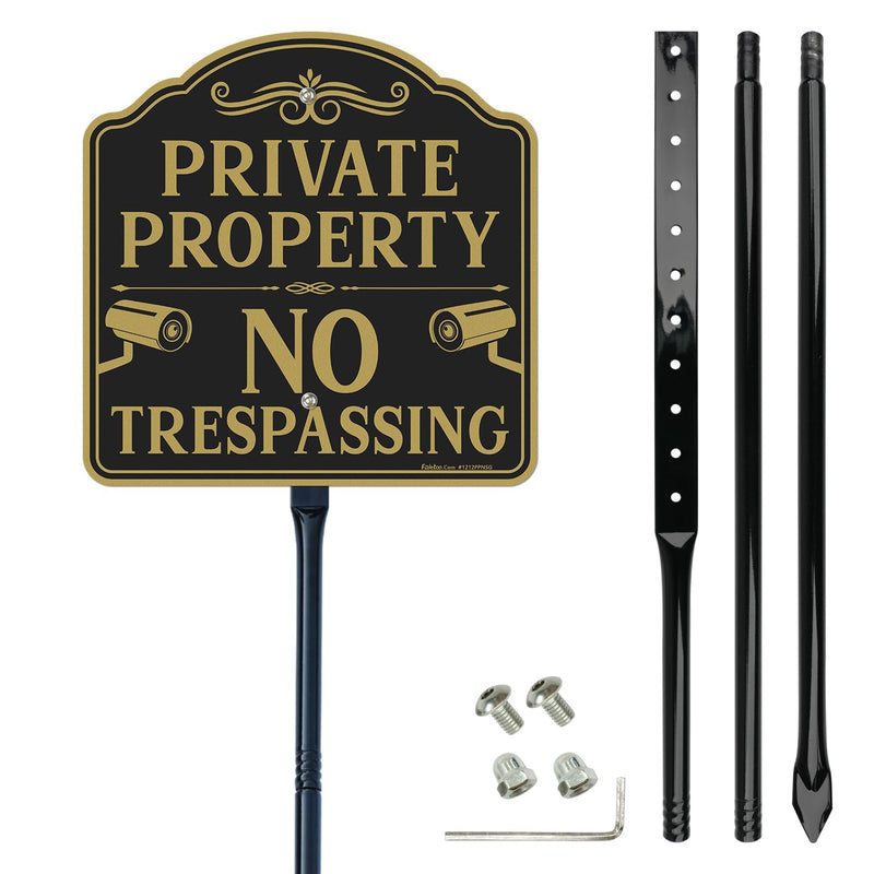 Faittoo Large No Trespassing Sign Private Property with 54" Metal Thick Stake, 12"x12" Rust Free Heavy Aluminum, Reflective, Fade Resistant, Easy to Mount, Outdoor Use Black Gold - 1 Pack