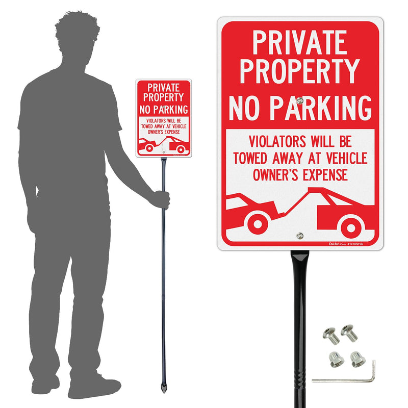 Faittoo Large Private Property No Parking Sign with 54" Metal Thick Stake, 14"x10" Vehicle Towed At Owner's Expense Rust Free Aluminum Sign, Reflective, Fade Resistant, Easy to Mount, Outdoor Use 14"x10" with 54" Metal Thick Stake - 1 Pack