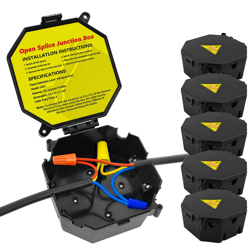 MIARALA Black Open Splice Junction Box (5 Pack) | Electrical Splice Box Wire Junction Box with Cover V0 Flame Retardant Rating(Highest Level) 5 pack