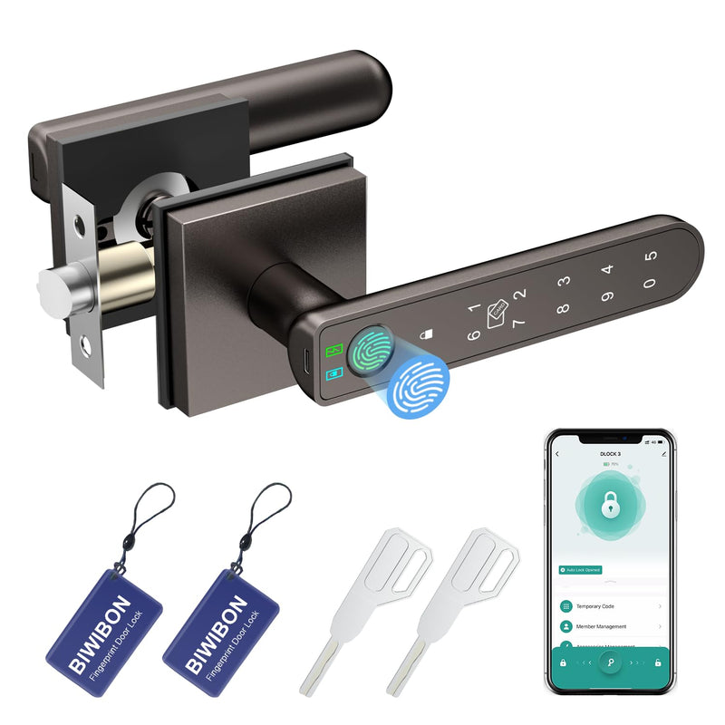 BIWIBON Fingerprint Door Lock, 5 in 1 Finger Print Door Knob with Smart APP/Fingerprint/IC Cards/Password/Backup Keys, Smart Door Knob with Keypad for Bedroom, Office, Apartment, Starry Grey