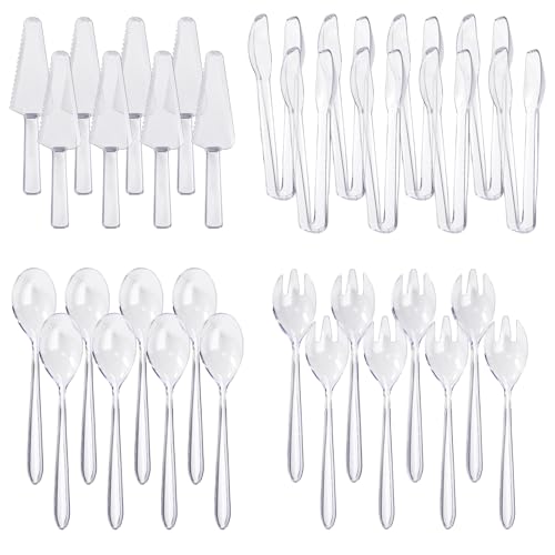 32 Pcs Disposable Plastic Serving Utensils Set with 8 Pcs 9.7" Spoons Forks, 8 Pcs 9.5" Knives, and 8 Pcs 6.3" Tongs for Serving Food, Cake, Birthday Party, Buffet, and Cutlery (Clear)