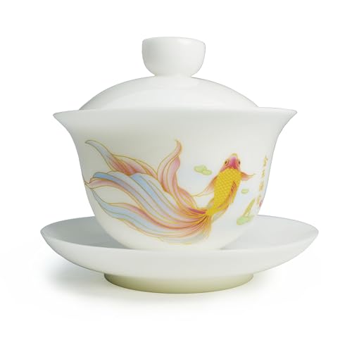 Liang baobao Ice Jade White Porcelain Gaiwan,5oz Teacup Suet-fat Jade Porcelain Chinese Tea Cup Set for Gongfu Tea (fish) fish
