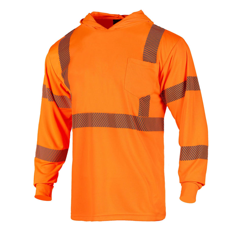 FONIRRA Hi Vis Shirts for Men Reflective ANSI Class 3 Safety T-Shirt with Hood High Visibility Construction Work Long Sleeve, Orange L