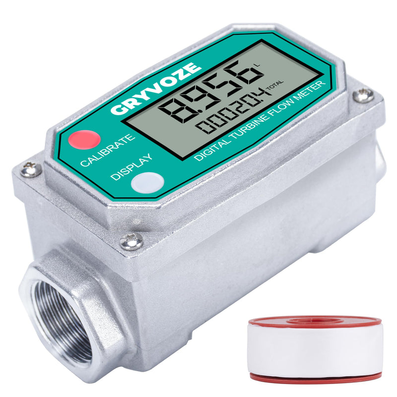 [Australia - AusPower] - 3/4 Inch Water & Fuel Flow Meter with PTFE Tape, for 0.8-13.2 GPM Inline NPT Thread ±1% Accuracy Flowmeter for Diesel, Gas Oil, Gasoline, and Other Liquids - Supports Sleep Mode (Alu Alloy) 