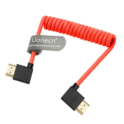 Uonecn Right Angle HDMI 2.1 Cable for Camera, 48Gbps 8K Braided Coiled HDMI for Atomos Ninja V, Portkeys BM5, Short HDMI Cable for Sony A7iv, Z-CAM F6, Z-Cam E2 Pro Cameras, Red, Left to Right Left Angle to Right Angle