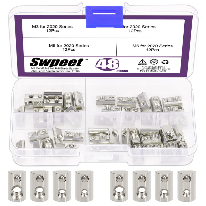 [Australia - AusPower] - Swpeet 48Pcs 2020 Series Carbon Steel Nickel Plated Roll-in Spring T Nut M3 M4 M5 M6 Assortment Kit, T Slot Nuts, Roll Ball Elastic Nuts for 2020 Series Aluminum Extrusion Profile Rail 