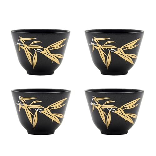 Small Tea Cups, Anti Scalding and Durable Stainless Steel Teacups with no Handles, Lightweight Chinese Tea Cups for Adults, 2oz Tea Cups - Set of 4Pcs (2oz Black and Bamboo Pattern) 2oz Black and Bamboo Pattern