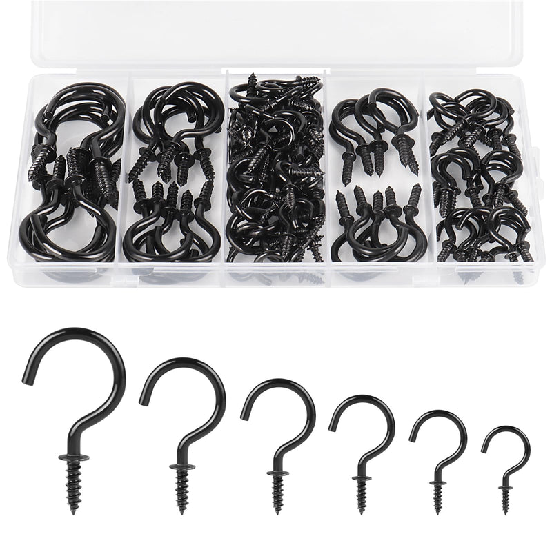 [Australia - AusPower] - RELBRO Screw Hooks, 6 Sizes Metal Screw in Cup Hooks, 1/2 Inch, 5/8 Inch, 3/4 Inch, 7/8 Inch, 1 Inch, 1-1/4 Inch, Black, 110 Pcs 