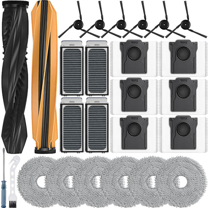 26Pcs X50 Ultra Accessories Kit fot L50 Ultra/Matrix10 ultra/L40s Pro Ultra/Mova V50 Ultra Replacement Parts,2 Main Brush 4Hepa Filters 6Side Brush 6Vacuum Bags 6Mop Pads X50 Ultra Parts