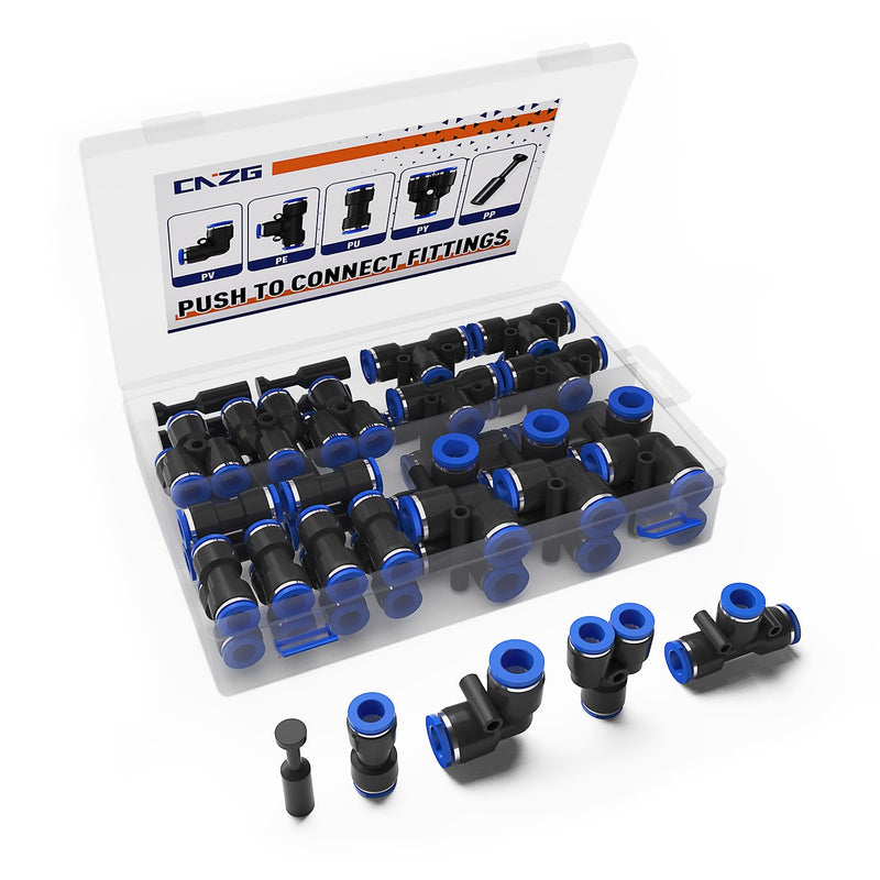 [Australia - AusPower] - 60pcs 1/4" OD Push to Connect Air Hose Fittings Kit, Quick Connects Pneumatic For Air Line Inch Tubing (Tee, Straights, Elbows, Splitters and Plug) 1/4"OD Blue Box 60 