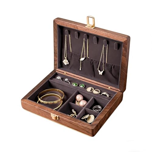 Bescott Black Walnut and Cherry Wood Jewelry Box, Wooden Jewelry Organizer with Metal Clasp, Necklace Hooks, Ring Slots and Velvet Lining for Rings, Earrings and Bracelets, 7.87 x 5.71 In Deep Grey Velvet 7.9" x 5.7" x 2"