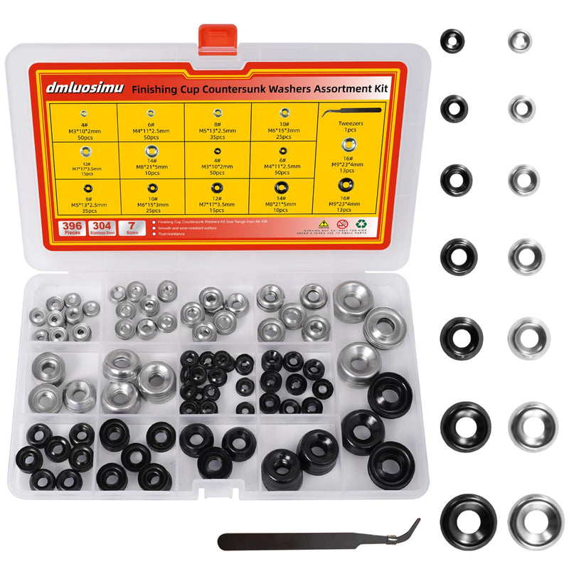 [Australia - AusPower] - 396pcs Stainless Steel Countersunk Cup Washers Kit-4#-6#-8#-10#-12#-14#-16# Natural/Oxidized Blackening Plated for Furniture, Automotive, Plumbing & DIY 