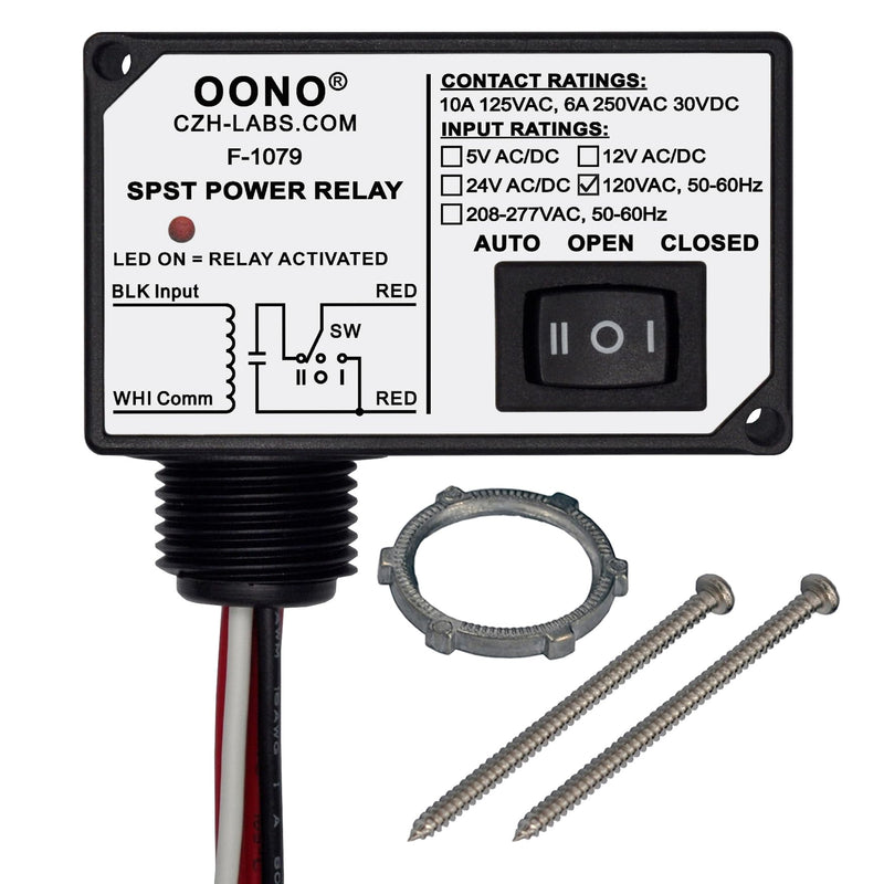 AC120V Power Relay Module SPSP-NO + Override Switch, 10Amp 125VAC, 6A 250VAC/30Vdc, Plastic Enclosure and Pre-Wired AC 120V