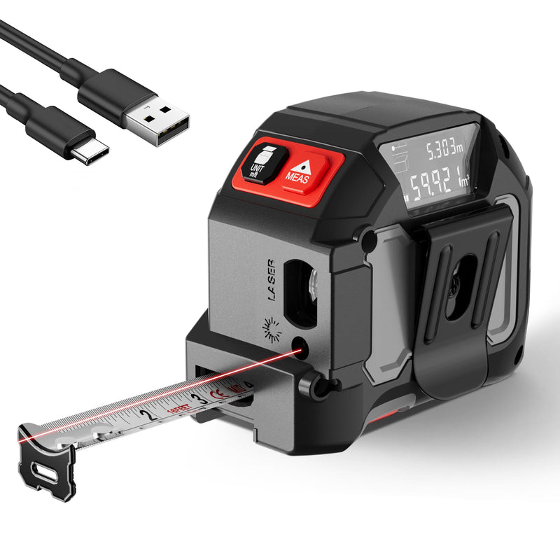 [Australia - AusPower] - 2 in 1 Laser Tape Measure, 130Ft Rechargeable Laser Measurement Tool & 16Ft Measuring Tape with Magnetic Hook, Flexible Baseline Switching, Area, Volume, Ft/Ft+in/in/M Unit 