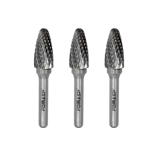 FOMASP SF-5 tungsten carbide rotary burr double cut, 1/4-inch shank, 1/2-inch head, 1-inch cutting length, 3-piece set