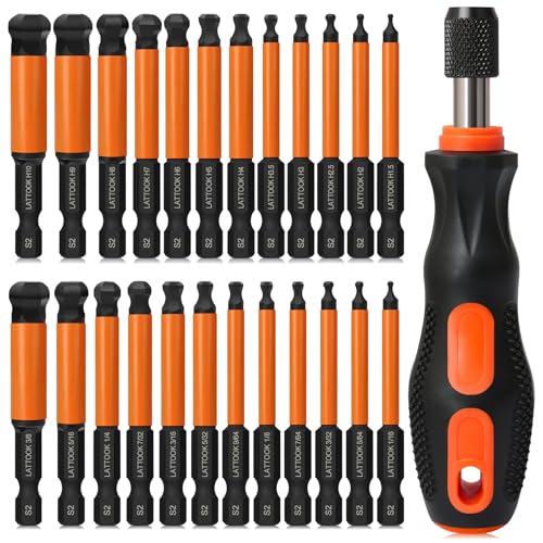 LATTOOK 24-piece metric and SAE ball end hex bit set with quick change bit driver, 2.5-inch hex bits