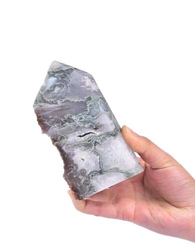 AMOYSTONE Moss Agate Crystal Point - 0.8-1.3 lb Natural Stone Carving for Meditation & Spiritual Decor 0.8-1.3 Pound