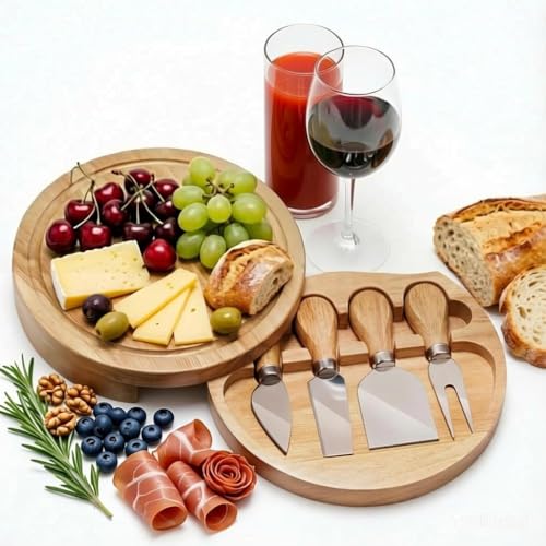 8" Round Wood Cheese Board Set with 4 Stainless Steel Knives & Hidden Drawer - Small Charcuterie Board with Juice Groove for Entertaining, Gifts, Picnics & Travel