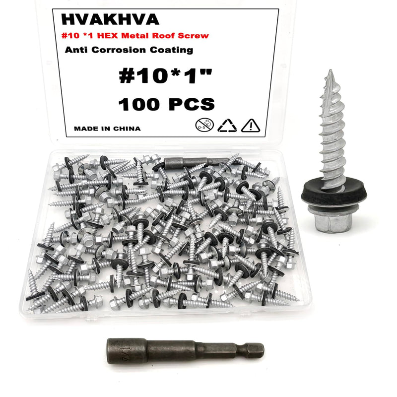[Australia - AusPower] - Metal Roof Screws #10 x 1 inch, 100 Pack with Magnetic Hex Bit, Anti-Corrosion Coating #10X1" 