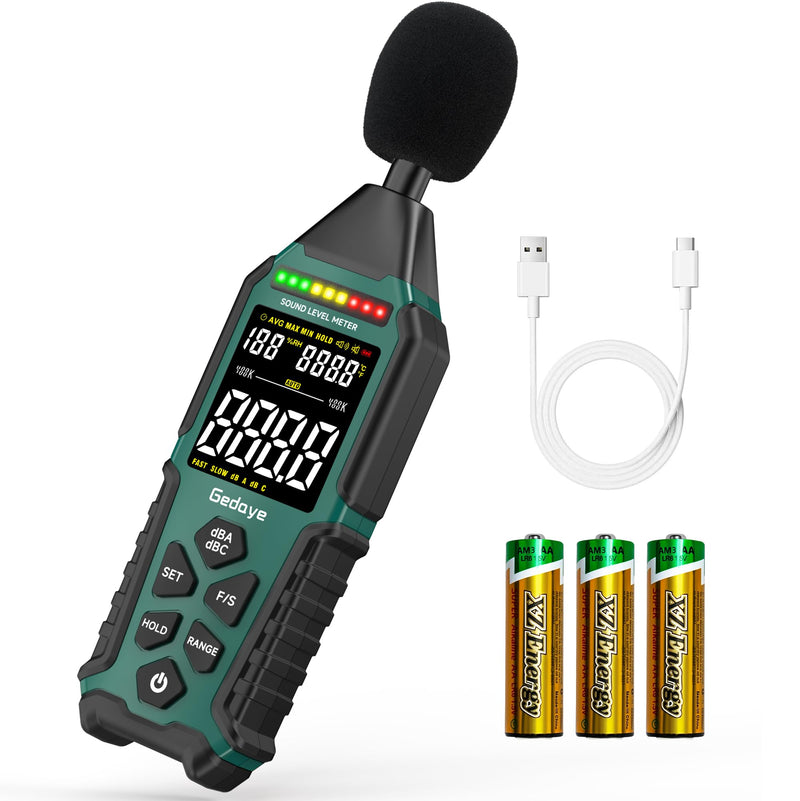 [Australia - AusPower] - Rechargeable Decibel Meter, Gedaye Sound Level Meter, A/C Weighted SPL Meter, Portable Noise Measure Device Range 30-130dB, Noise Detector Sound Monitor Decibel Reader Classroom Factory Noisy Neighbor Green 