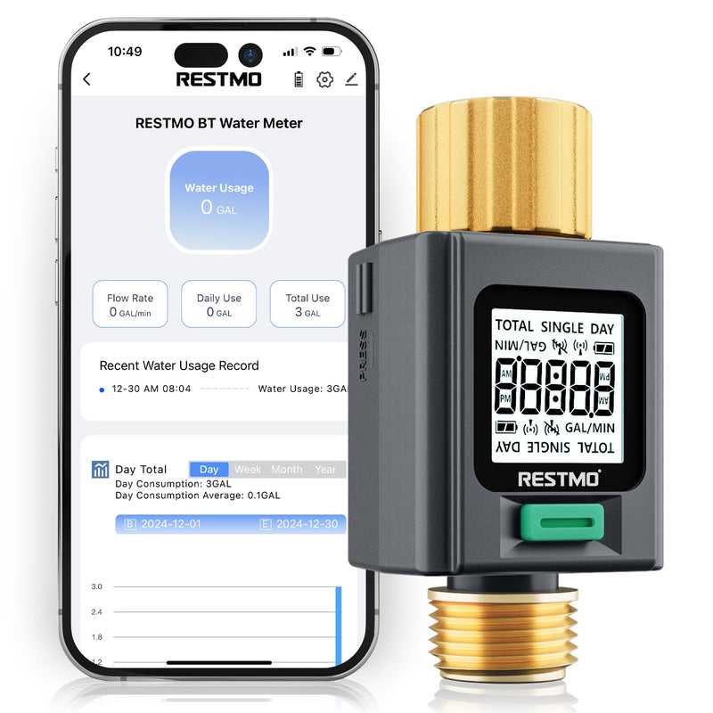 [Australia - AusPower] - RESTMO Smart Water Flow Meter with Screen Backlight, Brass Inlet & Outlet, Measuring Gallon/Liter Consumption & Flow Rate for Garden Watering, RV Filling, Sprinklers & Nozzle - APP Control Bluetooth Connection 