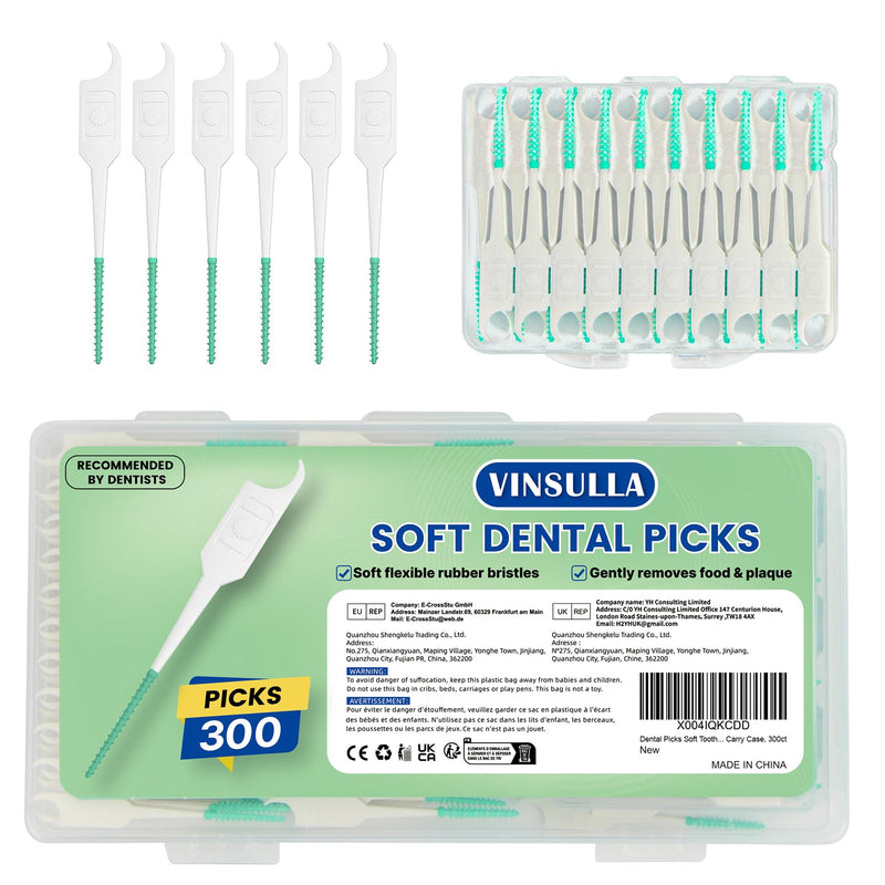 [Australia - AusPower] - Dental Picks Soft Tooth Picks for Teeth Cleaning, Easy to Use Disposable Interdental Brushes with Convenient Carry Case (Green, 300 Count) Green 1 Count (Pack of 300) 