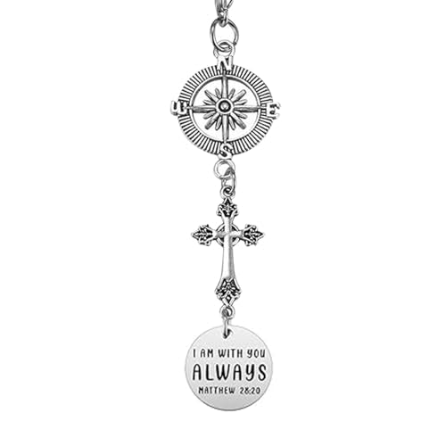 Cross Car Charm, I am with You Always Matthew 28:20, Rear View Mirror Charm, Religious Car Accessories Bible Verse Gifts for Men Women New Driver Gifts