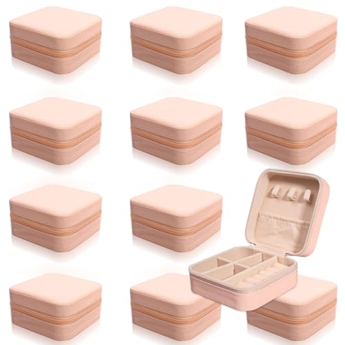 12 Pcs Small Travel Jewelry PU Leather Boxes Bulk, Portable Organizer Cases, Bridesmaid Gift Storage for Women and Girls Rings, Earrings, and Necklaces (Pink)